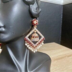 Gold and Red Maroon Earrings Jhumka Dimond Shape